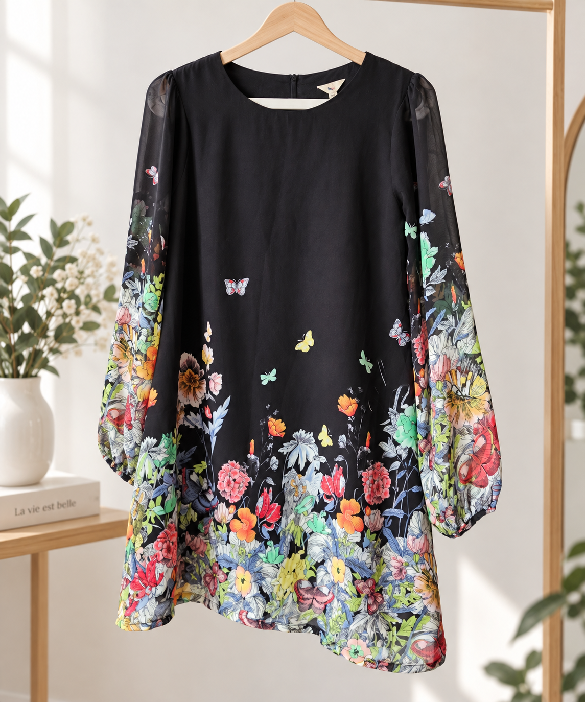 Robe Yumi noire fleurie & papillons – Taille 40
